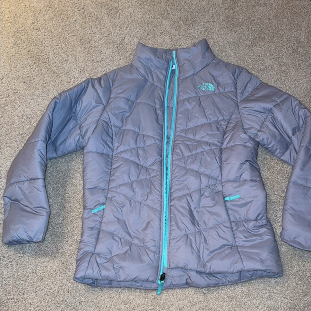 The North Face Kids Gray Puffer Jacket with Blue Accents